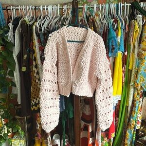 Chunky Knit Handmade Crochet Cardigan - Light Pink